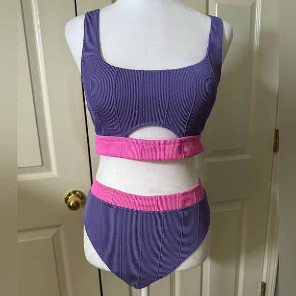 aerie Other - Aerie Crinkle Cutout Scoop Bikini, purple/pink, size Large